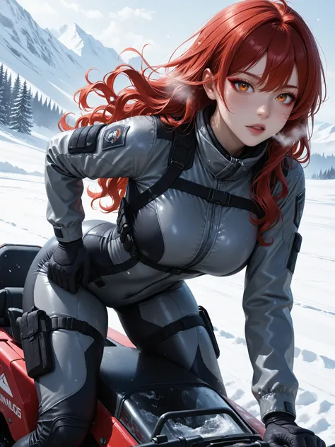 masterpiece, best quality, amazing quality, hyper-detailed, newest, very aesthetic, stunning anime girl, 22 years old, bold and charismatic, (deep red long wavy hair :1.1), (red hair :1.1), (amber eyes :1.1), sharp eyeliner, flawless skin, She has a curvy,...