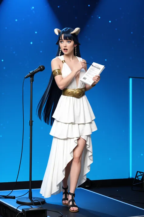 1girl, Saphir Maasa, 150cm, blunt bangs, very long hair, dark blue hair, blue eyes, hair tubes, horns,ancient Greek clothes, small breasts, sleeveless dress, white dress, armlet, belt, sandals, nervous expression, holding a script, standing on a stage with...