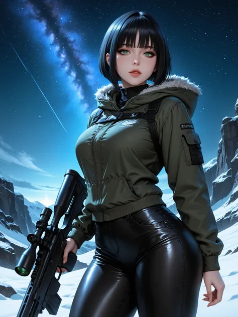 masterpiece, best quality, hyper-detailed, cinematic lighting, stunning anime girl, Raven, 20 years old, alluring and confident, (black short bob haircut with straight bangs:1.1), (black hair:1.1), green eyes, perfect black eyeliner, glossy lips, flawless ...