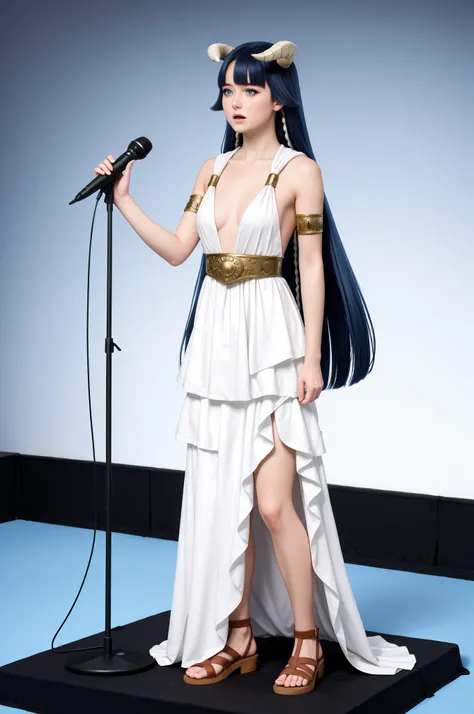 1girl, Saphir Maasa, 150cm, blunt bangs, very long hair, dark blue hair, blue eyes, hair tubes, horns,ancient Greek clothes, small breasts, sleeveless dress, white dress, armlet, belt, sandals, nervous expression, holding a script, standing on a stage with...