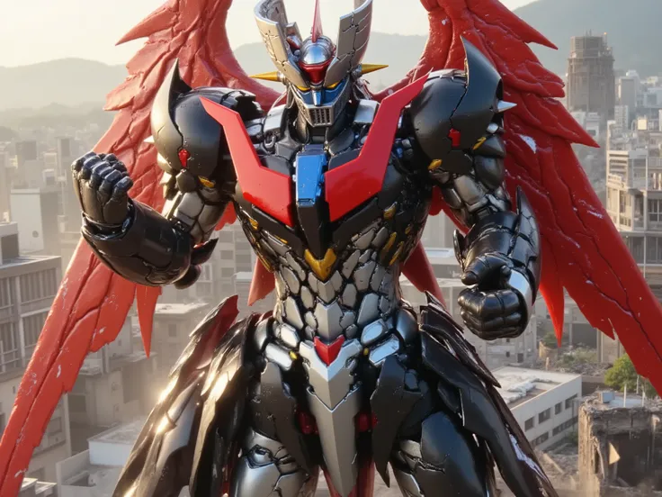 fight pose, traditional martial arts attire,full figure. fluxmecha,Celestial Fantasy,mazinger,masterpiece, ultra detailed 8k UHD, hyper realistic, Mazinger Z Ultimate Form, 100-meter-tall super robot, gleaming chrome and carbon fiber armor, vibrant metalli...