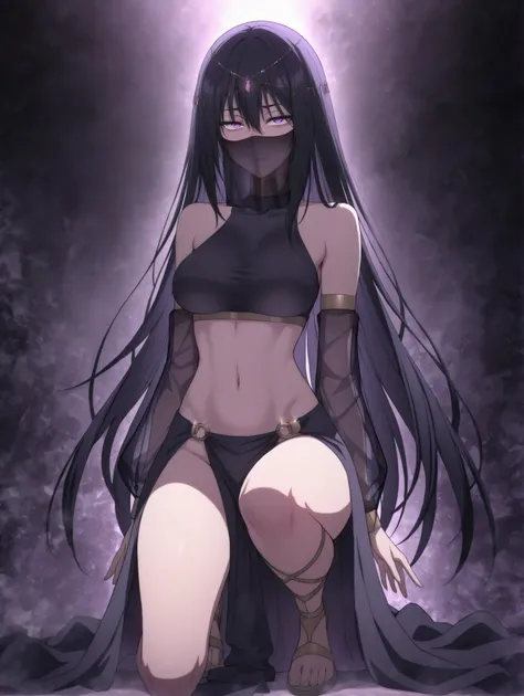 masterpiece, best quality:1.2), amazing quality, very aesthetic, 32k, soft lighting, absurdres, extremely beautiful, newest, scenery, extra details, (sharp detailed:1.2),1girl, solo,long hair, black hair, purple eyes, hair between eyes veil, mouth veil, ci...