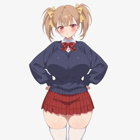 masterpiece, ultra-HD, impressionism, high detail, best quality, very aesthetic, 8K, best quality, beautiful, ultra-high resolution, 32K UHD, sharp focus, 1girl, solo, Rumi, light brown hair, twin pigtails, middle bangs, hair ribbons, yellow ribbons, red e...