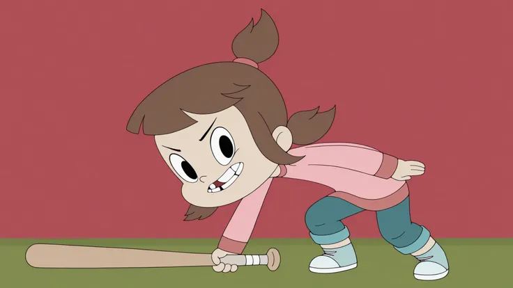 a_ey, missing tooth, 1girl, black eyes, brown hair, bangs, ponytails, high ponytail, elastic band,longsleeve, pants, sneakers, looking at viewer, very serious, baseball bat, looking at viewer, Pointing the baseball bat at you