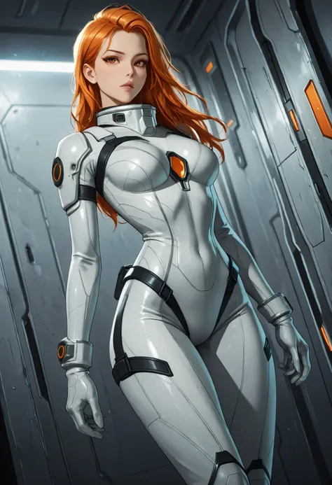 high resolution images, masterpiece, Highest Quality, amazing quality, official art, Highly detailed, Wallpaper, 1 girl, slender, wide hips, (slim thighs), A very attractive and slim woman wearing a tight spacesuit walks through the corridors of an abandon...