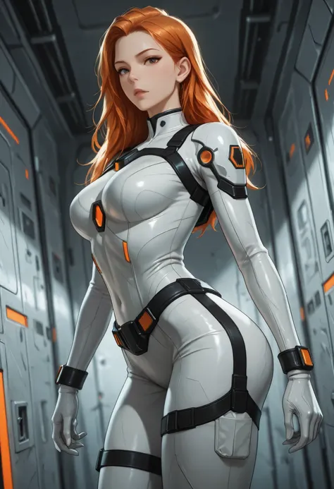 high resolution images, masterpiece, Highest Quality, amazing quality, official art, Highly detailed, Wallpaper, 1 girl, slender, wide hips, (slim thighs), A very attractive and slim woman wearing a tight spacesuit walks through the corridors of an abandon...