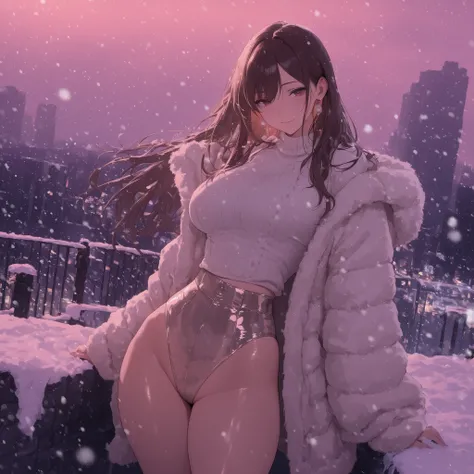 4k,masterpiece, highly detailed, solo, woman, voluptuos body, soft smile, sexy shiny casual winter outfit , snowing twilight city location