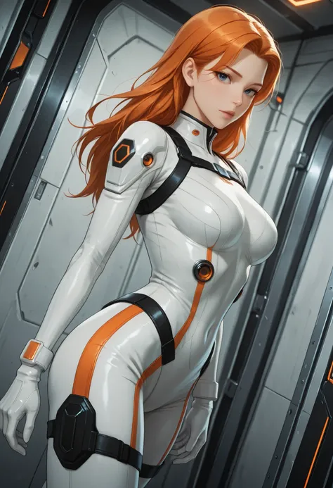 high resolution images, masterpiece, Highest Quality, amazing quality, official art, Highly detailed, Wallpaper, 1 girl, slender, wide hips, (slim thighs), A very attractive and slim woman wearing a tight spacesuit walks through the corridors of an abandon...