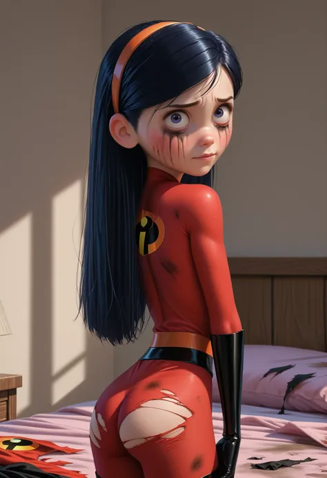 score_9, score_8_up, score_7_up, score_6_up, score_5_up, score_4_up, 1girl, VioletParr, superhero, long hair,excessive torn clothes, cuts and bruises, seductive tease, cute, young, seductive smile, shy, standing, black mascara running, flat chest, skinny, ...