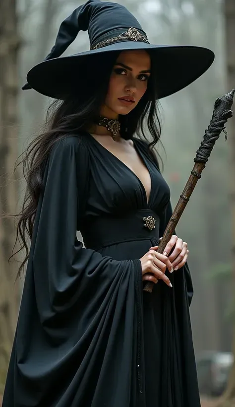 a woman in a witch costume with a hat and a wand, a beautiful sorceress, beautiful sorceress, dark sorceress, sorceress, dark fantasy female magician, pretty sorceress, beautiful sorceress female, dark fantasy style art, evil sorceress, fashionable dark wi...