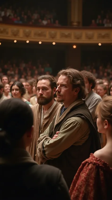 highdefinition picture、At stage practice for Romeo and Juliet, two people are listening to the director's talk on stage with a large cast
