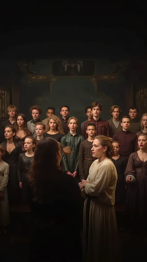 highdefinition picture、At stage practice for Romeo and Juliet, two people are listening to the director's talk on stage with a large cast