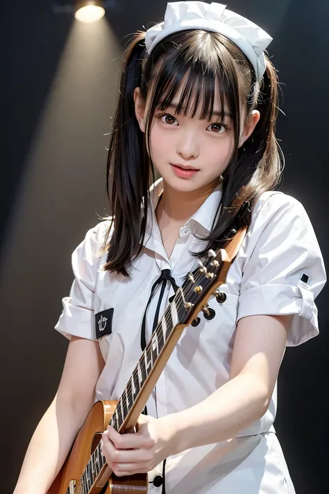 (top quality, very accurate selection, masterpiece:1.2), detailed display, Authentic:1.37,(Perfect Anatomy), A Japanese high school girl playing an electric guitar、A woman aiming to debut as a singer、A woman auditioning、（Playing an electric guitar on stage...