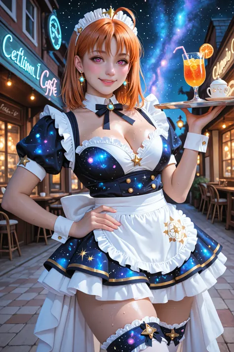 dynamic angle of view Seductive pose,takami chika, paloma_piquet, sweating,love live, anime, outdoors, natural expression , beautiful face,, innocent expression,natural lighting,maid, celestial maid outfit, elegant maid dress, cosmic design, deep cleavage...