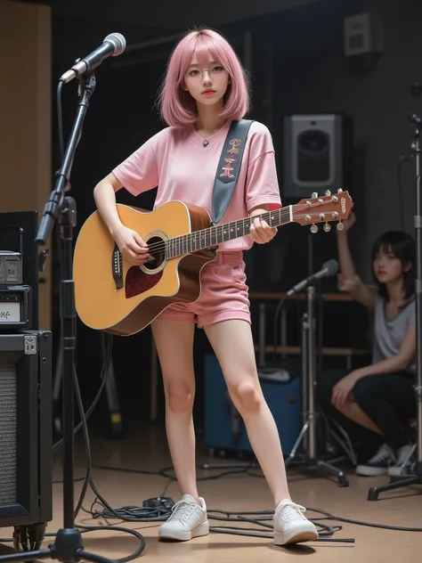 High resolution DSLR photo, realistic live-action style.
Photorealistic rehearsal scene. Woman in her 20s with a pink bob-cut hairstyle, deep orange eyes, wearing a pink jersey top, pink shorts, white sneakers, and eyeglasses. She stands on stage holding h...