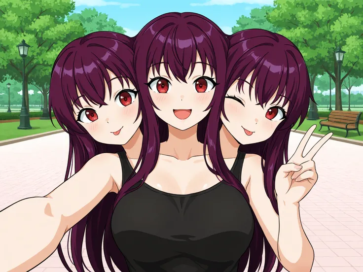 conjoined, anime girl with three heads, long purple hair, red eyes, black tank top, :), :D, ;P, peace sign with one hand, at a park, outside, selfie