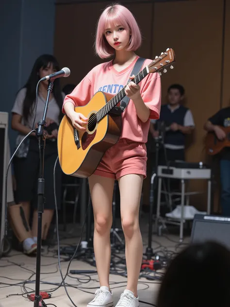 High resolution DSLR photo, realistic live-action style.
Photorealistic rehearsal scene. Woman in her 20s with a pink bob-cut hairstyle, deep orange eyes, wearing a pink jersey top, pink shorts, white sneakers, and eyeglasses. She stands on stage holding h...