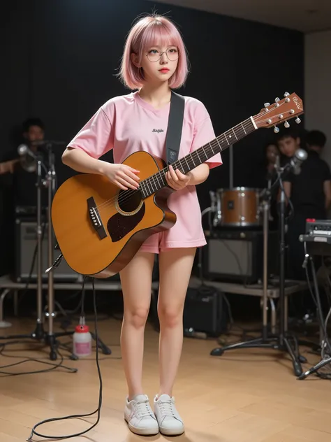 High resolution DSLR photo, realistic live-action style.
Photorealistic rehearsal scene. Woman in her 20s with a pink bob-cut hairstyle, deep orange eyes, wearing a pink jersey top, pink shorts, white sneakers, and eyeglasses. She stands on stage holding h...