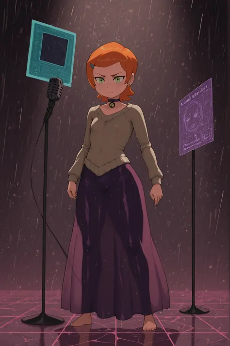 Gwen Tennyson . ginger . short hair . green eyes . flat breasts, flat chest, huge hips . slim body . choker . | The Matrix: Virtual Awakening — a surreal stage in Neo‑New York (25th century, cyberpunk metropolis). At center, a figure stands under a shiftin...