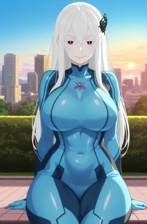 newest , masterpiece , anime screencap , anime coloring , masterpiece, best quality , echidna, 1girl, adult female, detailed face , milf, motherly, pale skin, long hair, white hair, butterfly hair ornament, open eyes, hair between eyes, bangs, white eyelas...
