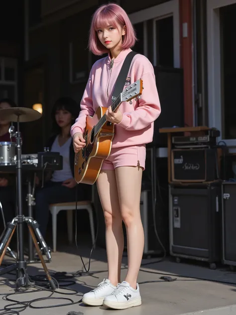 High resolution DSLR photo, realistic live-action style.
Photorealistic rehearsal scene. Woman in her 20s with a pink bob-cut hairstyle, deep orange eyes, wearing a pink jersey zipup, pink shorts, white sneakers, and eyeglasses. She stands on stage holding...