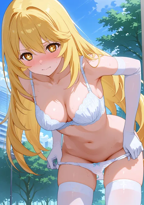 medium breasts、(((shokuhou misaki)))、standing、from below、embarrassed、arm gloves、white gloves、white thighhighs、white bra、white panties、standing、leaning forward、undressing panties、park