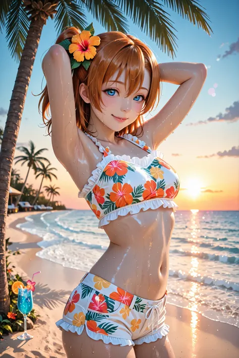 Seductive pose, sweating,love live, anime, outdoors, natural expression , beautiful face, natural lighting, kousaka Honoka,sporty bikini, crop top bikini, frilled straps, boy shorts, orange floral print, hibiscus print, hibiscus hair ornament, smile, arms...