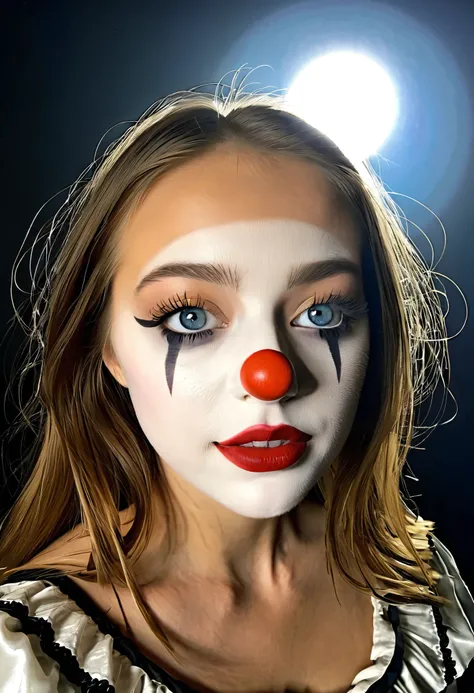 (RAW photo), Absurdities, (Absurd Resolution)), (beautiful girl, 21 years old), (sharp pupil, blue eye), (dressed as a clown, mime), (background: black), volumetric lighting, (Photographic Perspective). «SunPuma S»