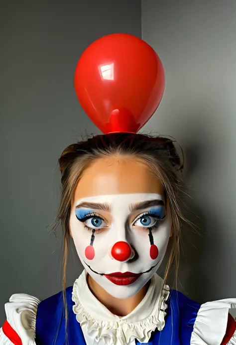 (RAW photo), Absurdities, (Absurd Resolution)), (beautiful girl, 21 years old), (sharp pupil, blue eye), (dressed as a clown, mime), (background: black), volumetric lighting, (Photographic Perspective). «SunPuma S»