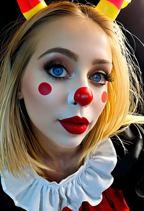 (RAW photo), Absurdities, (Absurd Resolution)), (beautiful girl, 21 years old), (sharp pupil, blue eye), (dressed as a clown, mime), (background: black), volumetric lighting, (Photographic Perspective). «SunPuma S»