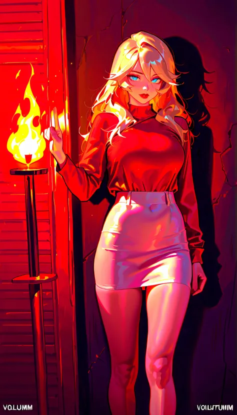 (RAW Photo), Absurd Resolution, Hyperrealism, Photorealism, Maximum Quality, 16k, Masterpiece, Ultra Detailed) (beautiful girl, 21 years old), (sharp pupil, blue eye), (blonde hair and white extensions, pale), (made-up, red lips), (woman wearing a short sk...