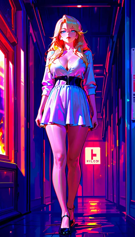 (RAW Photo), Absurd Resolution, Hyperrealism, Photorealism, Maximum Quality, 16k, Masterpiece, Ultra Detailed) (beautiful girl, 21 years old), (sharp pupil, blue eye), (blonde hair and white extensions, pale), (made-up, red lips), (woman wearing a short sk...