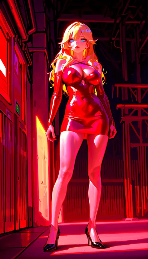 (RAW Photo), Absurd Resolution, Hyperrealism, Photorealism, Maximum Quality, 16k, Masterpiece, Ultra Detailed) (beautiful girl, 21 years old), (sharp pupil, blue eye), (blonde hair and white extensions, pale), (made-up, red lips), (woman wearing a short sk...