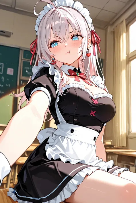 1girl, masterpiece, Highly detailed, High resolution, Alisa Mikhailovna Kujou, Alya Sometimes Hides Her Feelings in Russian, Maid costume, Earring Accessory, indoors, Classroom, Pout, Outstretched arm, Medium breasts, Sitting
