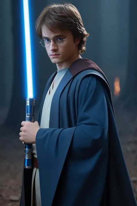 Star Wars,Jedi Outfit,I'm holding a blue lightsaber,Harry Potter,Daniel ,Glasses,,year zero,stylish,beautiful,beautiful,colorful,,realistic,SAFE CONTENT (masterpiece, 最High Quality, High Quality, detailed background, complicated details,complicated,Ultra H...