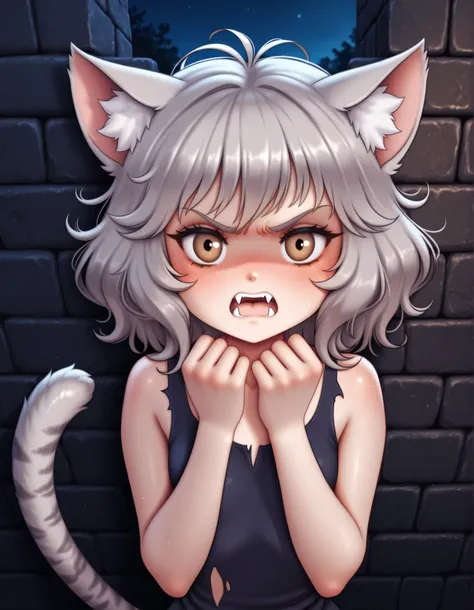 auralesustyle,, 1girl, petite, (skinny and frail:0.7), cat girl, against wall, stone wall, brown eyes,looking at viewer, grey hair, medium hair, messy hair, angry, (scared:0.4), (open mouth:0.5), fangs, hands up, (tearing up:0.5), tail raised, torn clothes...