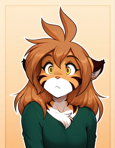 auralesustyle,, furry, solo, flora-twokinds, flora_twokinds,, tiger, striped fur, keidran, yellow eyes, anthro, simple background,,, green shirt