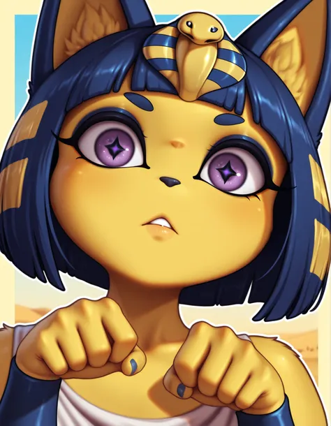 auralesustyle,, depth of field, 1girl, furry, ankha \(animal crossing\), expressionless, eye reflection, yellow background, yellow theme, blue background, desert,, purple eyes, glowing eyes, wide-eyed, paw pose, looking at viewer, close-up, parted lips,