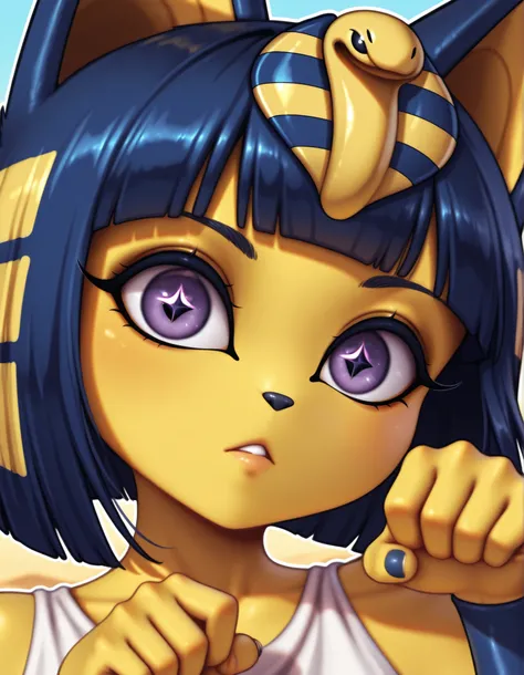 auralesustyle,, depth of field, 1girl, furry, ankha \(animal crossing\), expressionless, eye reflection, yellow background, yellow theme, blue background, desert,, purple eyes, glowing eyes, wide-eyed, paw pose, looking at viewer, close-up, parted lips,