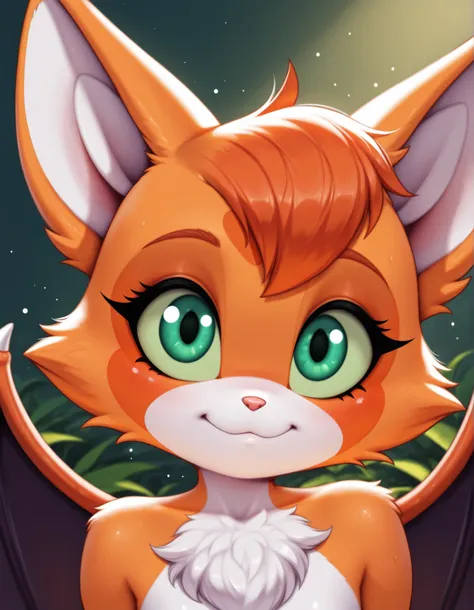 auralesustyle,, masterpiece, best quality, very aesthetic, (1girl:0.7),, (solo:1.3), furry, fidget \(elysian tail\), nimbat, fidget_daet, anthro, furry female, wings, tail, green eyes, colored sclera, bat wings, facial markings, orange fur, white fur, two-...
