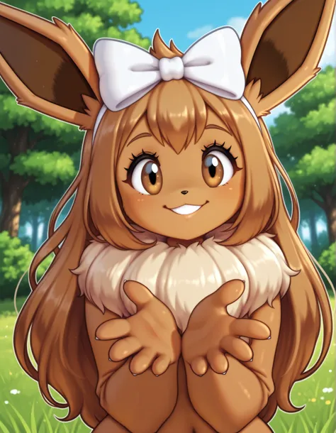 auralesustyle,, pokekid, eevee, fluffy girl, furry girl, female, smile, smiling, has a big pretty bow in her hair, has animal paws for hands, 1girl, best quality, outdoors, high definition, cute,