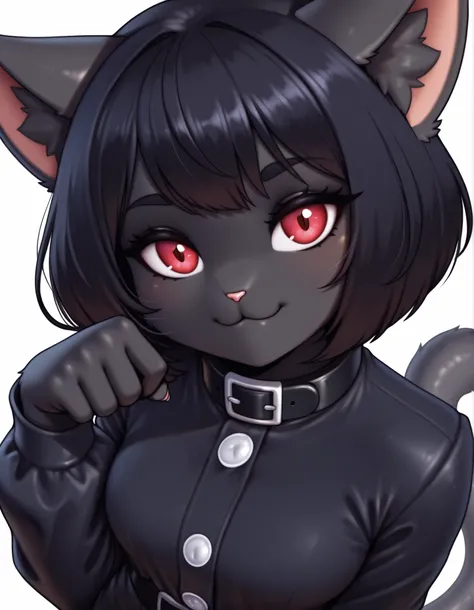 auralesustyle,, masterpiece, best quality, very aesthetic, 1girl, solo, white background, looking at viewer, portrait, paw pose, :3, furry female, cat girl, animal ears, black hair, short hair, black skin, red eyes, cat tail, black jacket, buttons, long sl...