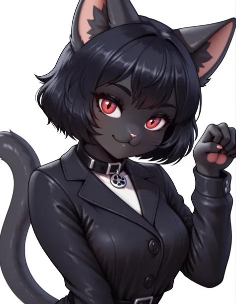 auralesustyle,, masterpiece, best quality, very aesthetic, 1girl, solo, white background, looking at viewer, portrait, paw pose, :3, furry female, cat girl, animal ears, black hair, short hair, black skin, red eyes, cat tail, black jacket, buttons, long sl...