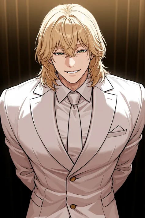 1 male, alone, handsome, muscular, medium hair, blonde hair, bangs between the eyes, green eyes, squinting eyes, emotionless look, playful smile, niceful impression, fake, white suit, head up, upper body, looking at viewer, arms behind back, boss vibes, ma...