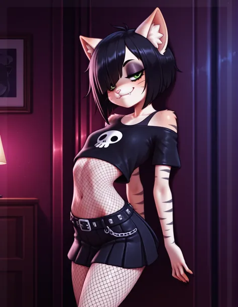 auralesustyle,, volumetric_lighting, chiaroscuro_lighting, vibrant, shaders, against_the_wall, arched_back, 1girl, interior, solo, detailed, furry, cat, skinny, smug, ((cute_clothes, emo, fishnets)), white_fur, cute, claws, stare, soft_light, stylized, Suc...