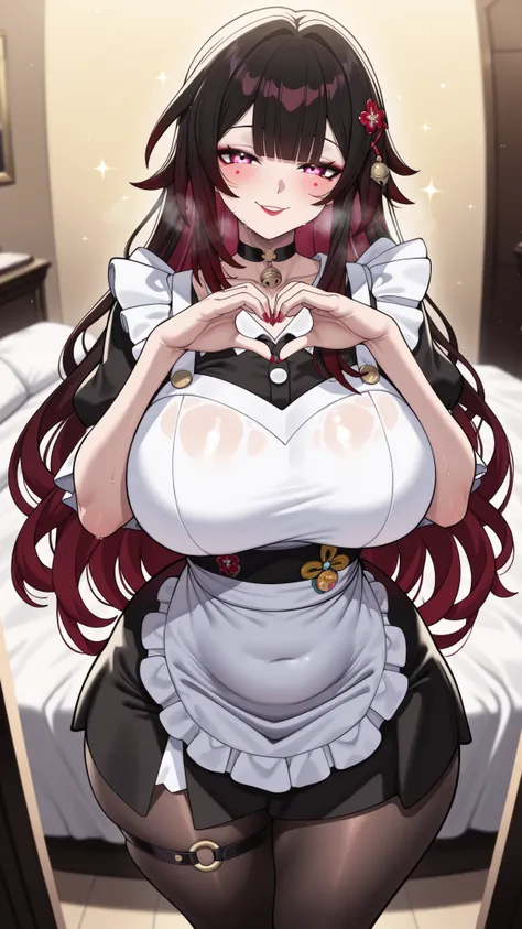 Mullon art style, sparklehsr, high quality, masterpiece, best quality, sparkle (honkai: star rail), 1girl, solo, gradient long straight hair let down, red glossy lips, choker with pendant, thigh strap visible, painted nails, voluptuous figure, tiny waist, ...