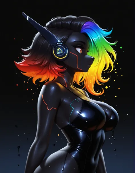 auralesustyle,, furry girl, anthro, facing sideways, elegant pose, silhouette body, (glossy black fur), (neon outlines), (flat lighting), exploding fractals, liquid neon paint, splash effect, rainbow iridescent hair, gradient glow, (triadic colors), (spot ...