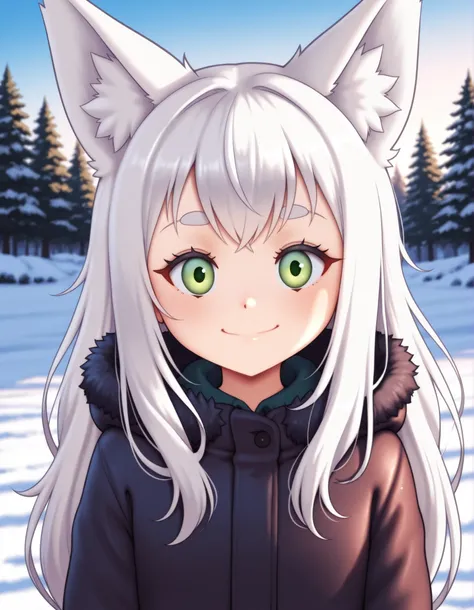 auralesustyle,, anime, solo, BREAK, young fox girl, skinny and frail, (petite,cute:0.5), green eyes, looking at viewer, long hair, white hair, smile, winter clothes, outdoors, winte
