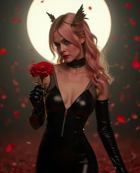 ElleFaningFlux,(((Elle Fanning : 1.7 ))),photo, ((( Epic realism: 1.8 ))), ((( Full body shooting angle: 1.8 ))) , Ultra-realistic photo of Elle Fanning cosplaying Yor Forger, an impressive cosplayer (   22-25 years   ), with wavy pastel pink hair, light a...