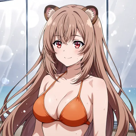 Honami Ichinose, Classroom of the Elite, with long flowing light-brown hair, a sly and self-assured smile, and softly radiant red eyes. She has raccoon ears in the same warm brown tone, a slender body with elegant curves, and wears an orange bikini that ac...